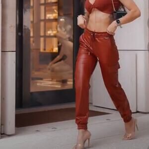 Bombshell Sportswear Red Faux Leather Jogger Track Pants